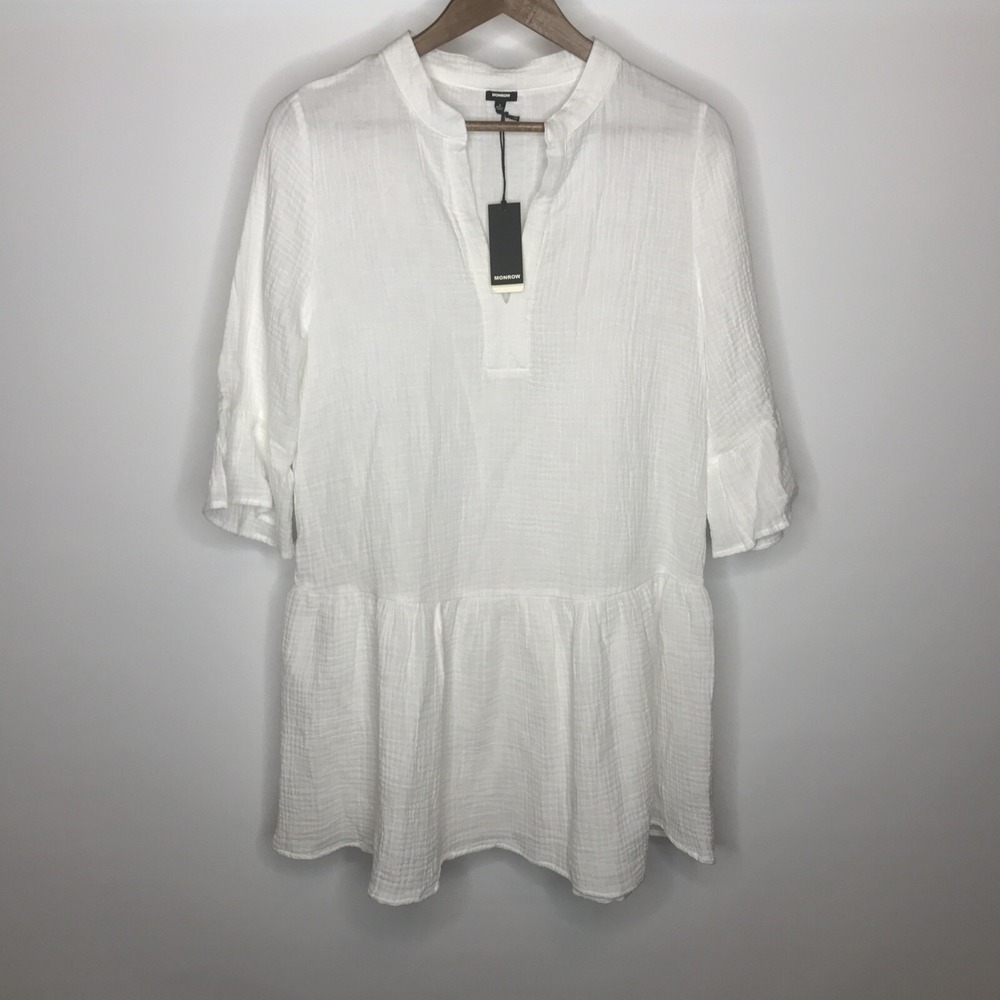 MONROW WOMEN'S EASY MINI DRESS 3/4 SLEEVE SIZE SMALL WHITE COTTON